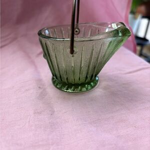 Vintage Green Glass miniature ash bucket/ashtray with metal handle